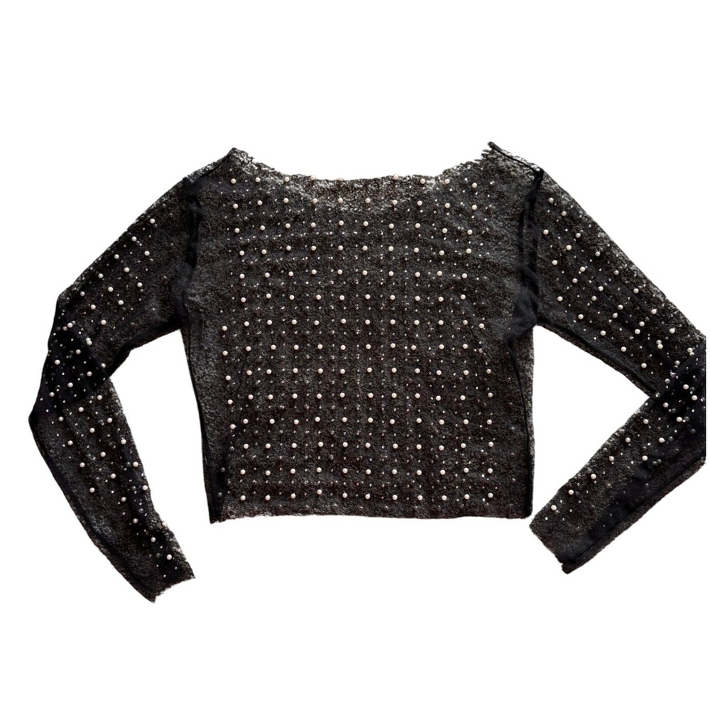 Pearl Rhinestone Mesh Top Womens M Black Sheer Long Sleeve Crop Blouse